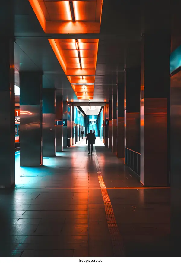 A Silhouette of A Person Walking Through A Modern Train Station