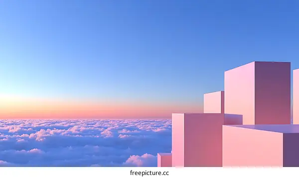Abstract Pink Cubes Above Clouds at Sunrise