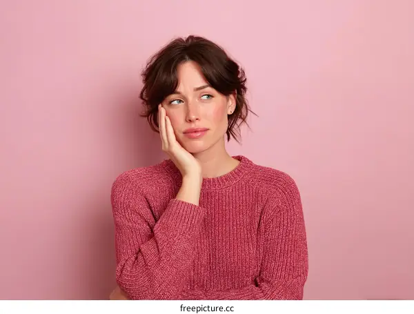 Thoughtful Woman in a Pink Sweater