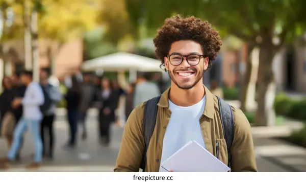 Smiling young male college student with curly hair wearing glasses and a backpack standing on campus