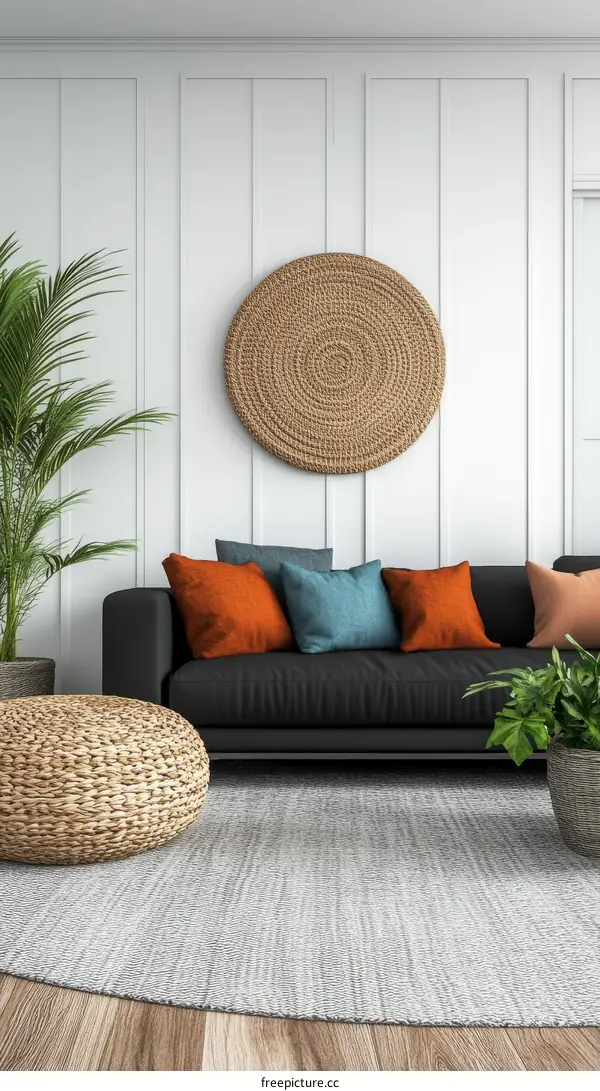Modern Living Room Interior Design with Round Woven Wall Decor