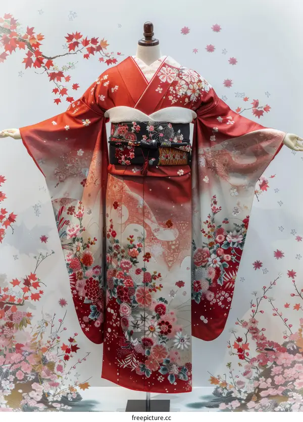 A kimono with a floral pattern and a red background