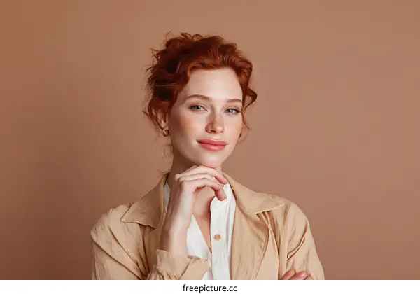 Redhead woman in beige coat with hand on chin
