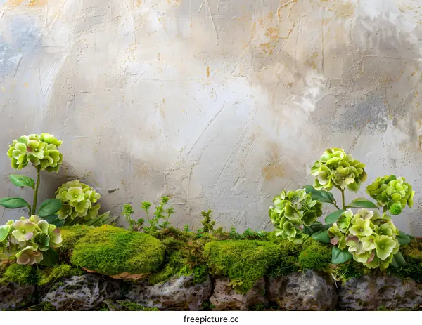 Green Flowers on Mossy Stone Wall