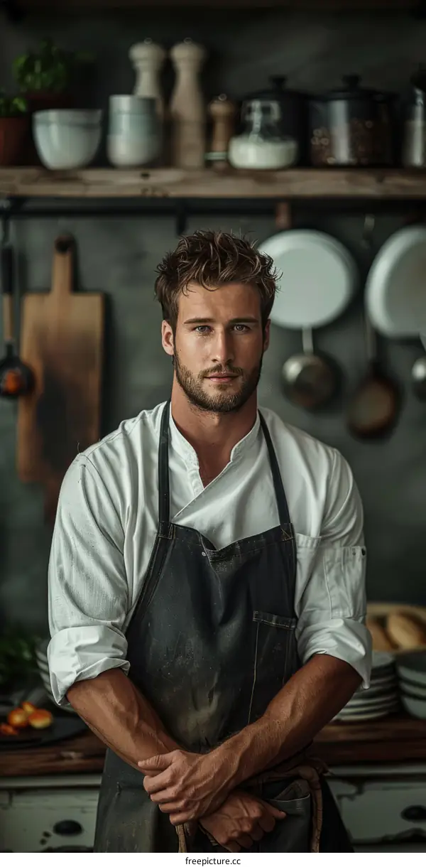 Portrait of a Confident Chef in a Rustic Kitchen