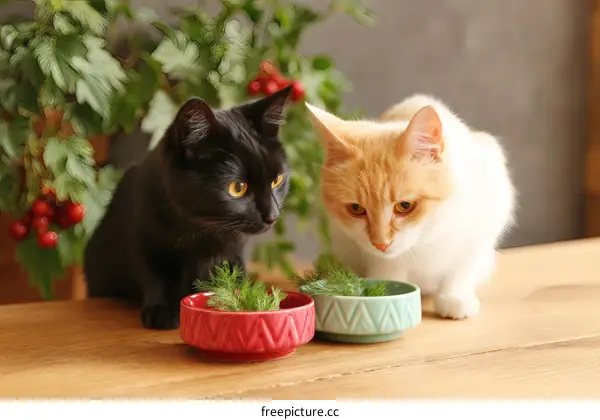 Two Cats Eating Herbs on a Wooden Table
