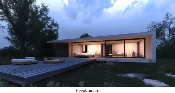 Modern Minimalist House Design with Glass Walls and a Wooden Deck