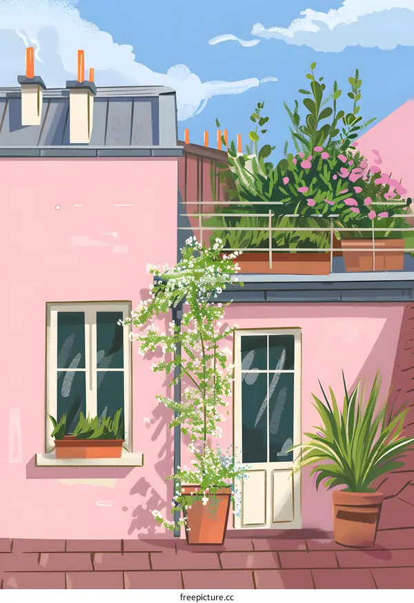 Pink Building with Roof Garden and Flowers