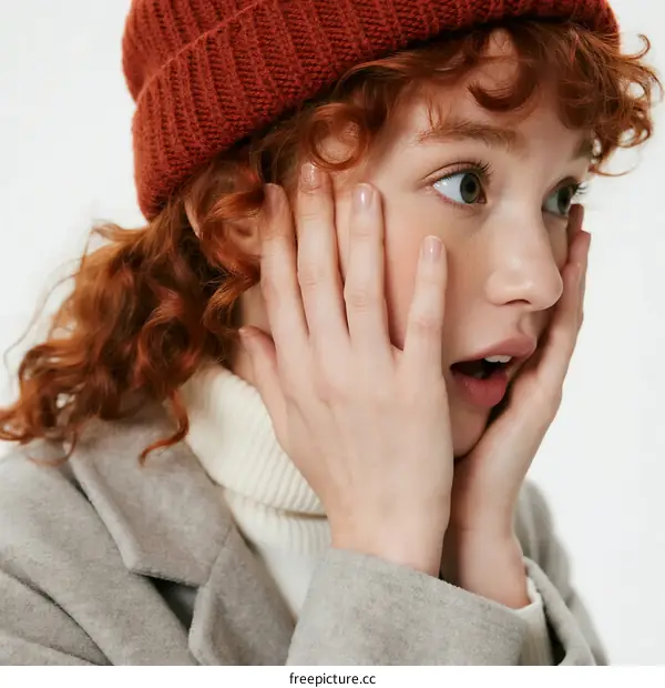 Red-haired woman with curly hair wearing red beanie and white turtleneck