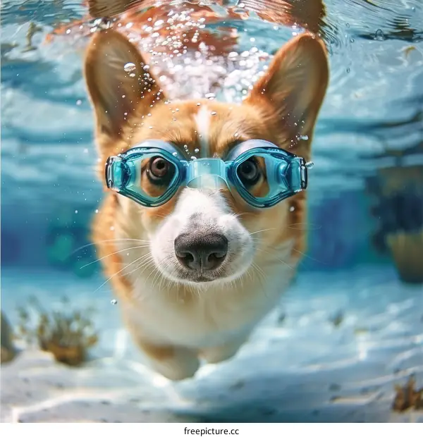 A cute corgi dog is swimming underwater with goggles on