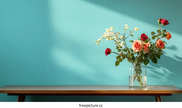 A Bouquet of Roses on a Wooden Table Against a Teal Wall
