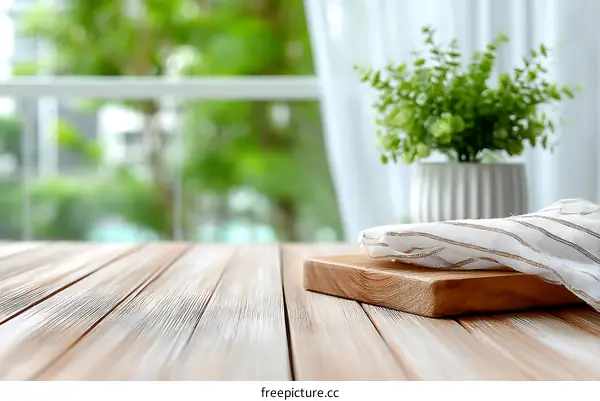 Wooden Table with Kitchen Utensils and Nature View