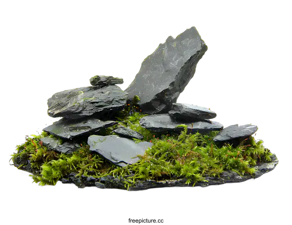 [Transparent Background PNG]Green Moss and Black Rocks on White Background