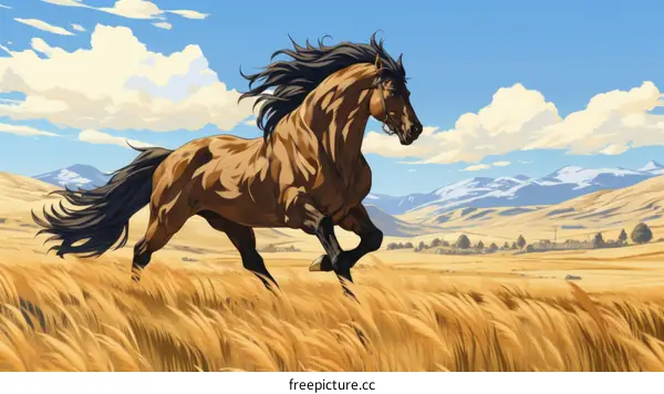 Wild Brown Horse Galloping in Golden Field