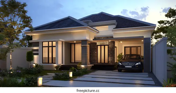 Modern House Exterior Design with Stone Wall and Car