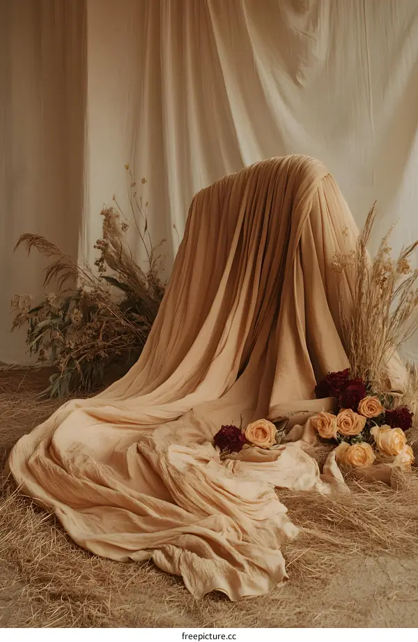 Beige Fabric Draped Over Hay With Flowers
