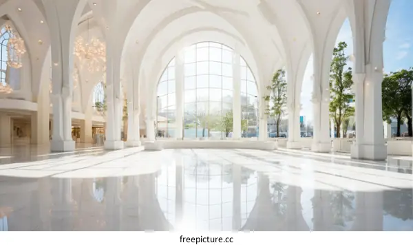 Modern interior of a spacious bright hall with large windows