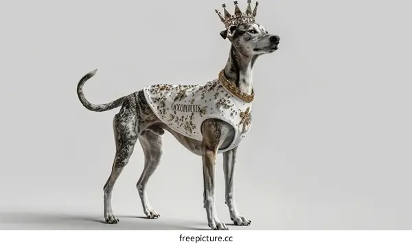 A greyhound wearing a crown and a shirt with the words 'OCOCIDIDUES' on it