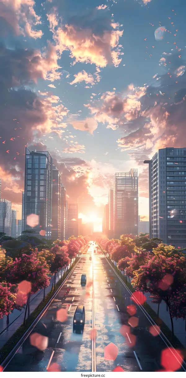 City street with cherry blossoms in bloom