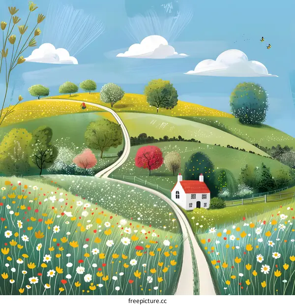 Countryside Cottage with Winding Road and Blooming Flowers