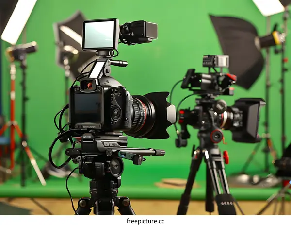 Professional Video Camera Equipment on Tripod in Studio