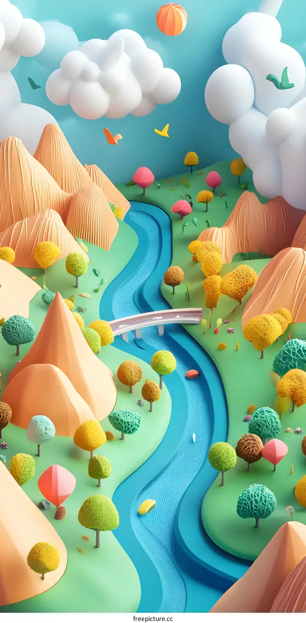 Abstract 3D Illustration of a River Flowing Through a Colorful Landscape