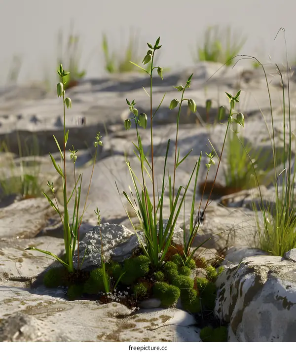 Green Plants Growing On Rocks