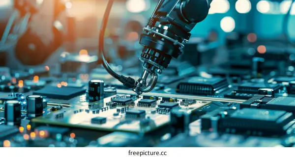 Robotic Arm Soldering Circuit Board Close-up