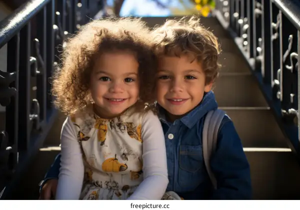 Two happy children sitting on the stairs