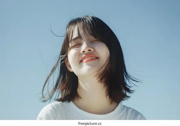 Smiling Woman With Short Hair Against Blue Sky