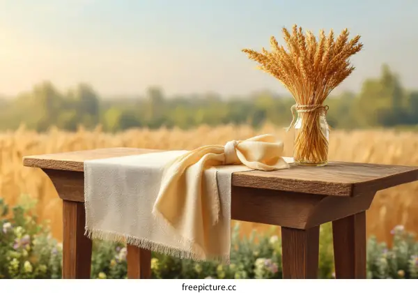 Rustic Wooden Table Setting with Wheat Ears