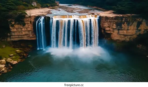 Majestic Waterfall Cascading Down Rocky Cliffs