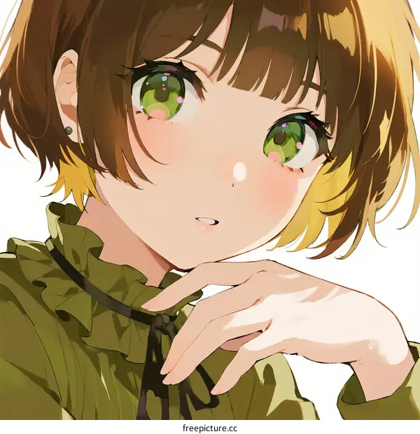 Anime Girl with Green Eyes and Brown Short Hair Wearing Green Blouse