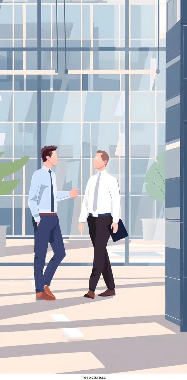 Two Businessmen Talking in Modern Office Building