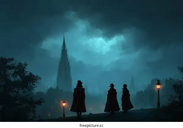 Mysterious Night Scene with Three Figures