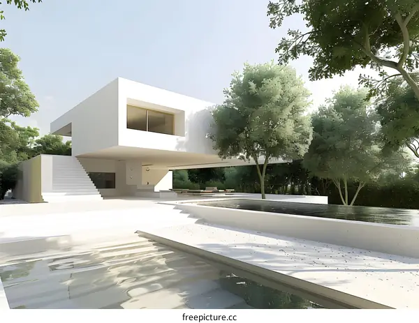 Modern Minimalist House with Pool and Surrounding Greenery