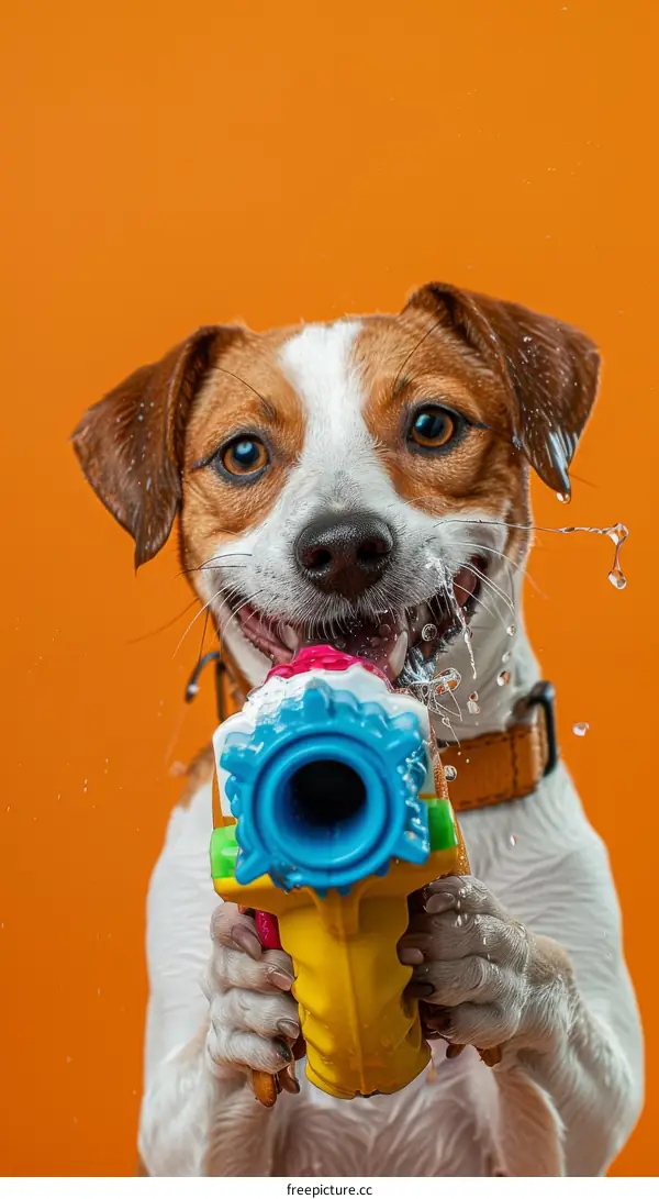 A Jack Russell Terrier dog is holding a water gun in its mouth and shooting water