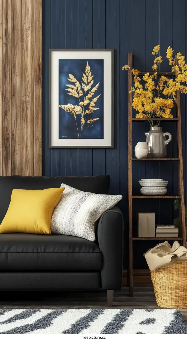 Modern Living Room with Golden Fern Print