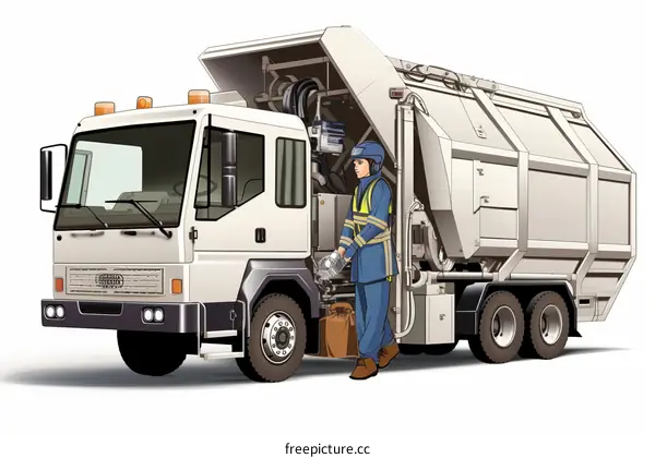 Sanitation Worker in Gear Stands Next to Garbage Truck