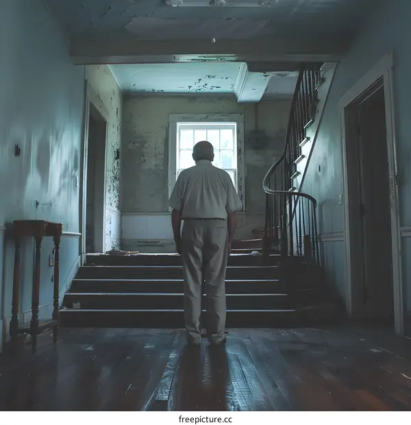 An old man standing in a dilapidated hallway