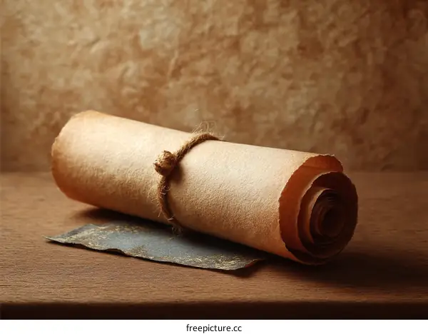Ancient Aged Paper Scroll on Wooden Table