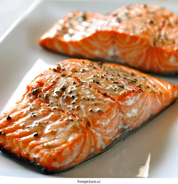 Two pieces of grilled salmon on a white plate
