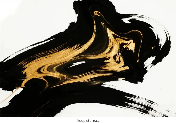Black and Gold Abstract Brush Strokes on White Background