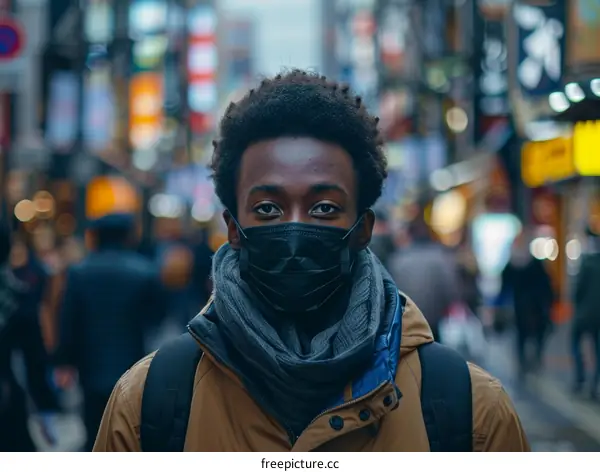 A young man wearing a mask is looking at the camera.