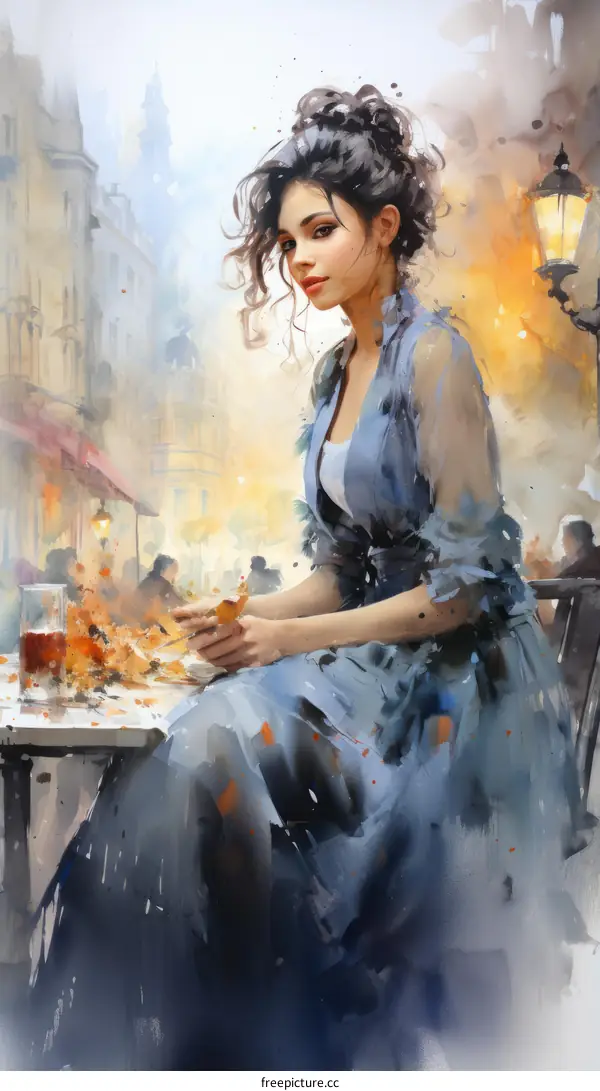 An elegant woman is having red wine in a charming European street cafe