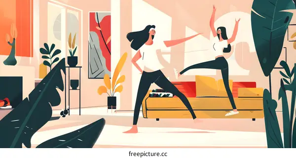 Two Women Exercising in a Living Room with Plants