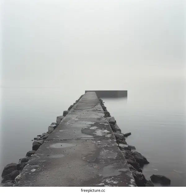 Concrete Pier Jutting into Serene Lake on Misty Day