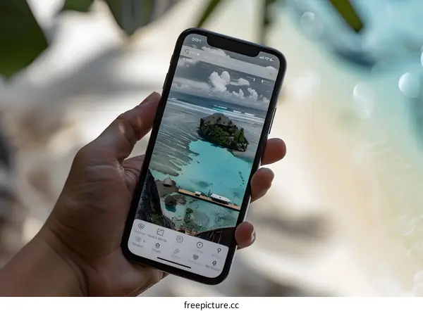 Hand Holding a Smartphone Showing a Tropical Island