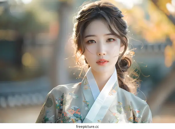 Portrait of a beautiful young Korean woman in traditional Korean dress, or Hanbok