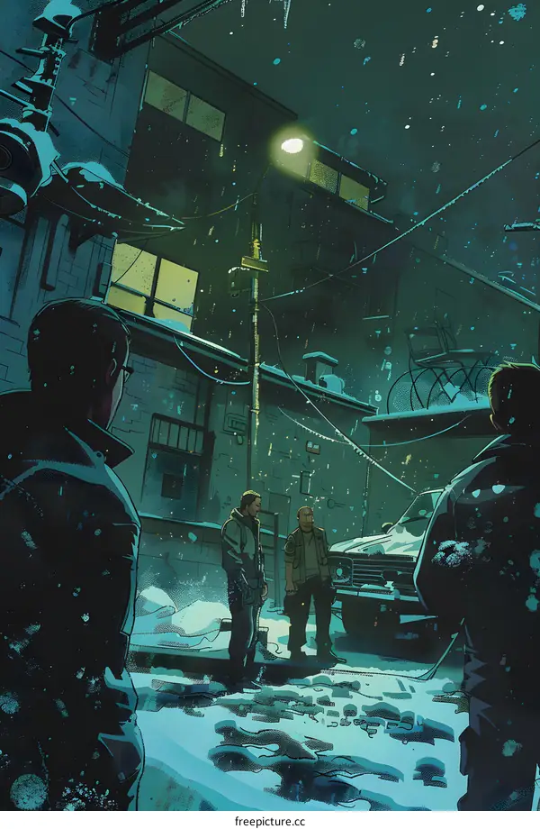 Three Men Standing in a Snowy Alley at Night